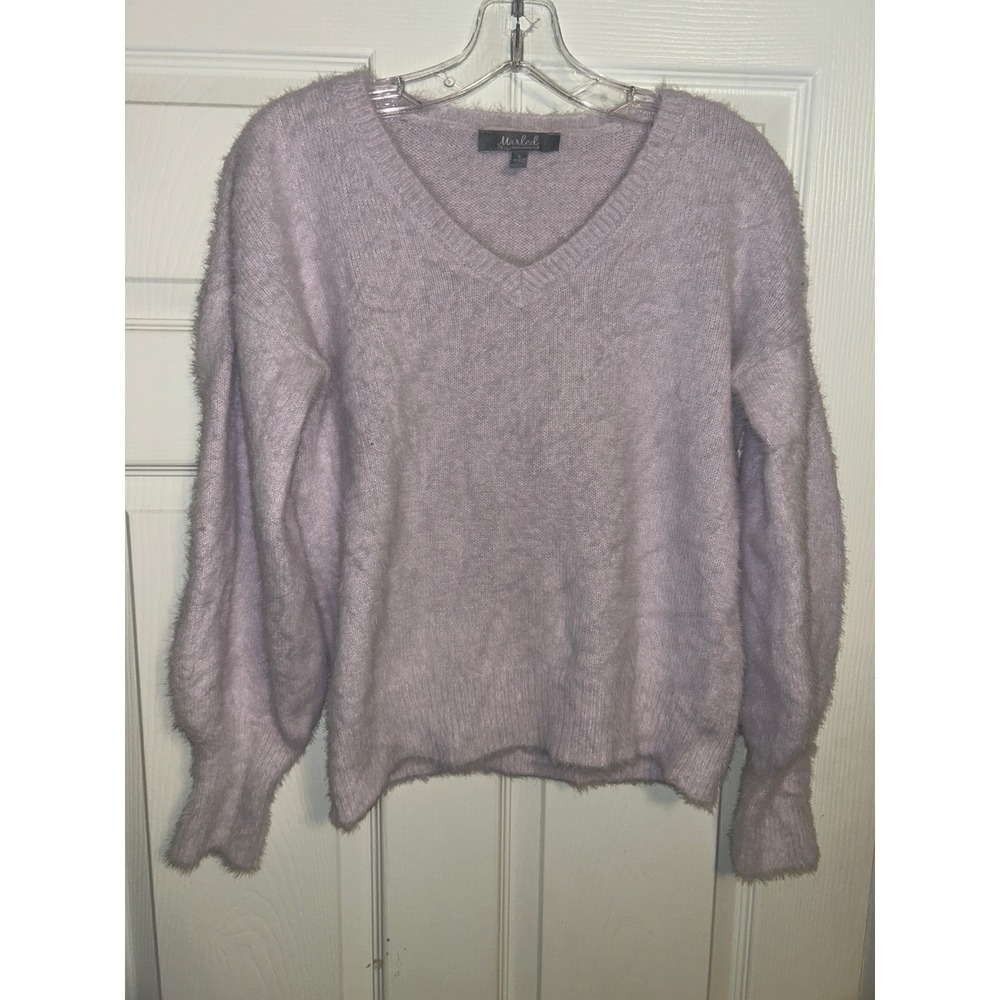Marled Lilac Fuzzy V Neck Long Sleeve Sweater‎ Cozy Soft Knit Top